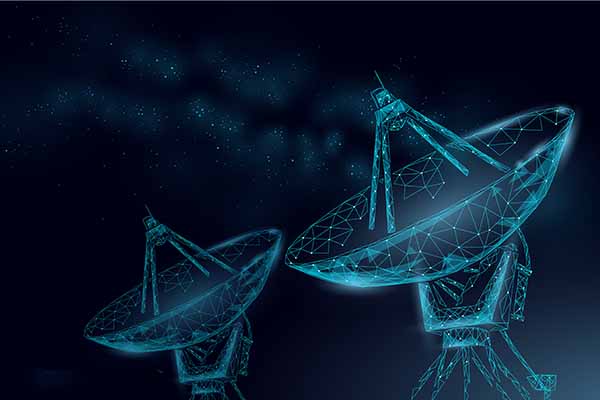 Visualization of two satellite dishes in light turquoise on a dark blue background, visualizing IHSE's A/V communication systems for governmental and commercial needs. IHSE's leading edge products optimize demanding customer requirements for high-resolution video distribution and high performance audio communication.