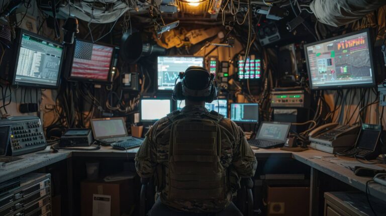 "Back view of a soldier with tactical gear and headset operating in a mobile military communications center, 
surrounded by multiple surveillance monitors, data screens, and technical equipment"